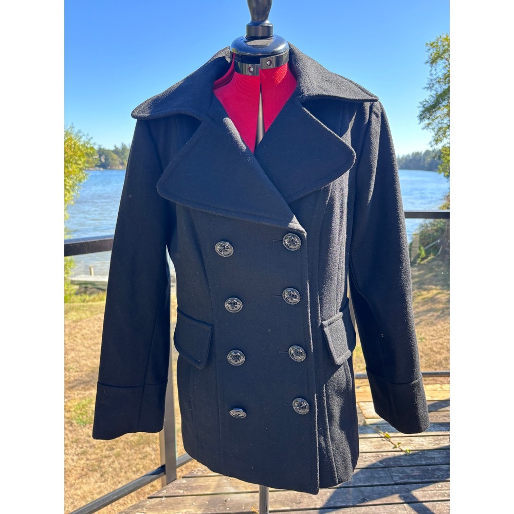 LONDON FOG peacoat women sz S petite black double breasted wool blend jacket